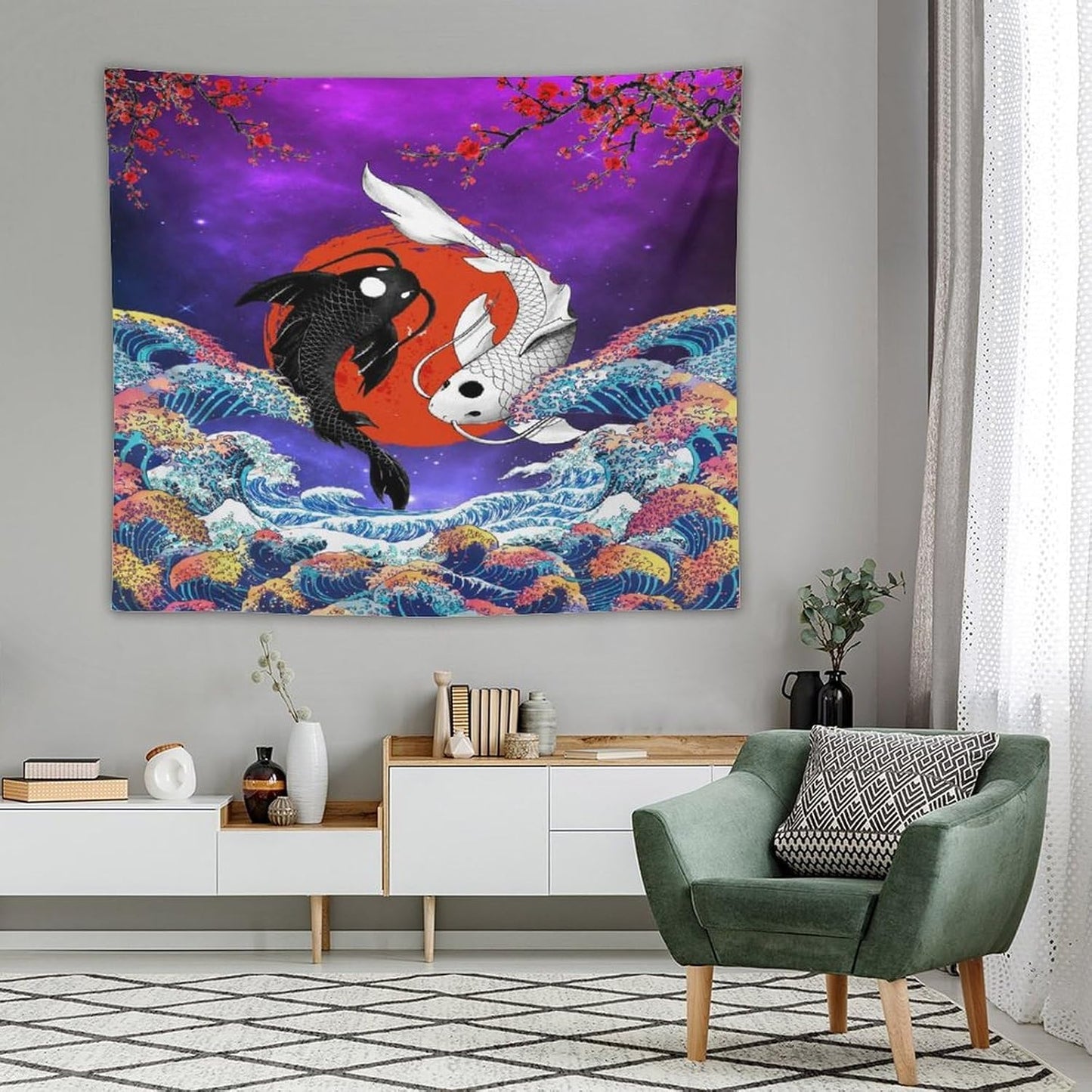 Houselerax Japanese Koi Fish Tapestry, Yin Yang Big Wave Cherry Blossom Tapestries Wall Hanging for Bedroom Living Room Office Decor 60"x50"