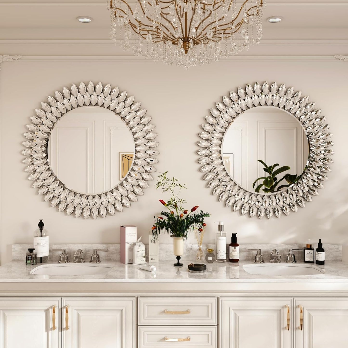Kelly Miller Round Jeweled Mirror for Wall Decor, 26 in Modern Decorative Wall Mirror with Luxury Diamonds Beveled Vanity Mirror for Bedroom Dresser, Living Room Table, Bathroom, Hallway, Entryway