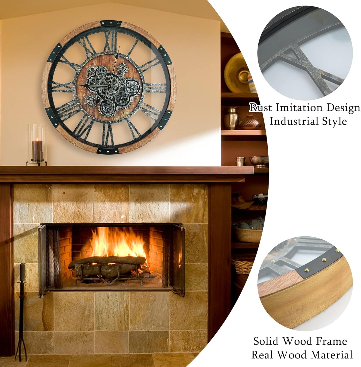 30 Inch Moving Gear Wall Clock, Oversized Wall Clocks, Clock Living Room Decor, Solid Wood Frame, Battery Operated, Large Wall Clock with Steampunk Industrial for Fireplace(Brown)