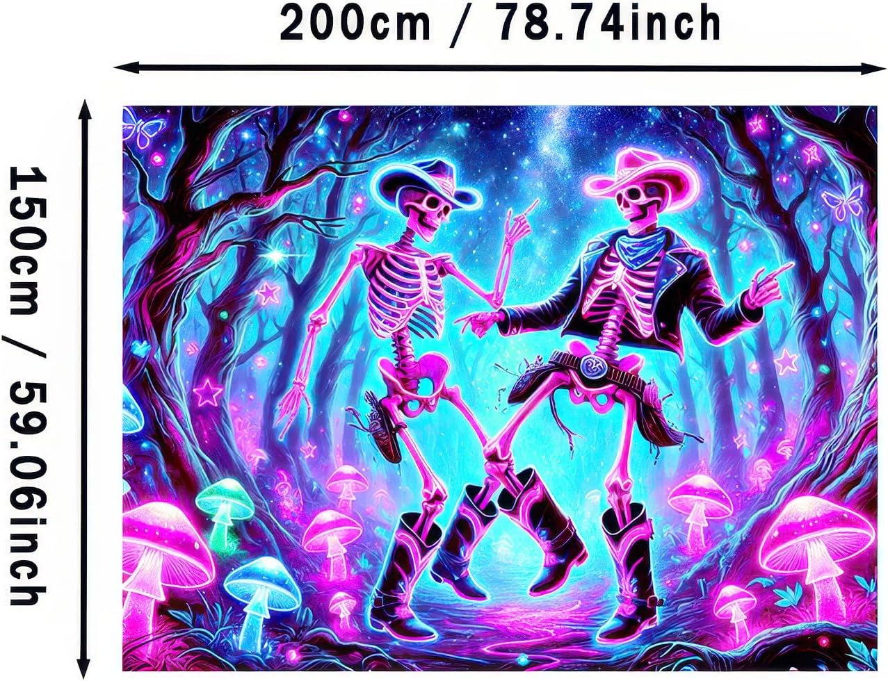 BlissYard Blacklight Tapestry UV Reactive Tapestry 78x59 Inches Skeleton Cowboys Fluorescent Wall Hanging Glowing Mushrooms and Cosmic Dance Theme for Bedrooms, Living Rooms, and Themed Events