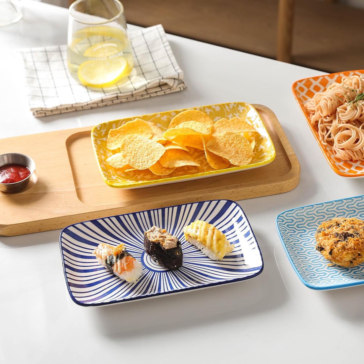 Selamica Ceramic Rectangular Salad Plates Set, Dinner Plate 9.4 Inch Dessert Plates for Party Entertaining, Small Serving Plates for Appetizers, Sushi, Fruit, Set of 4, Assorted Colors