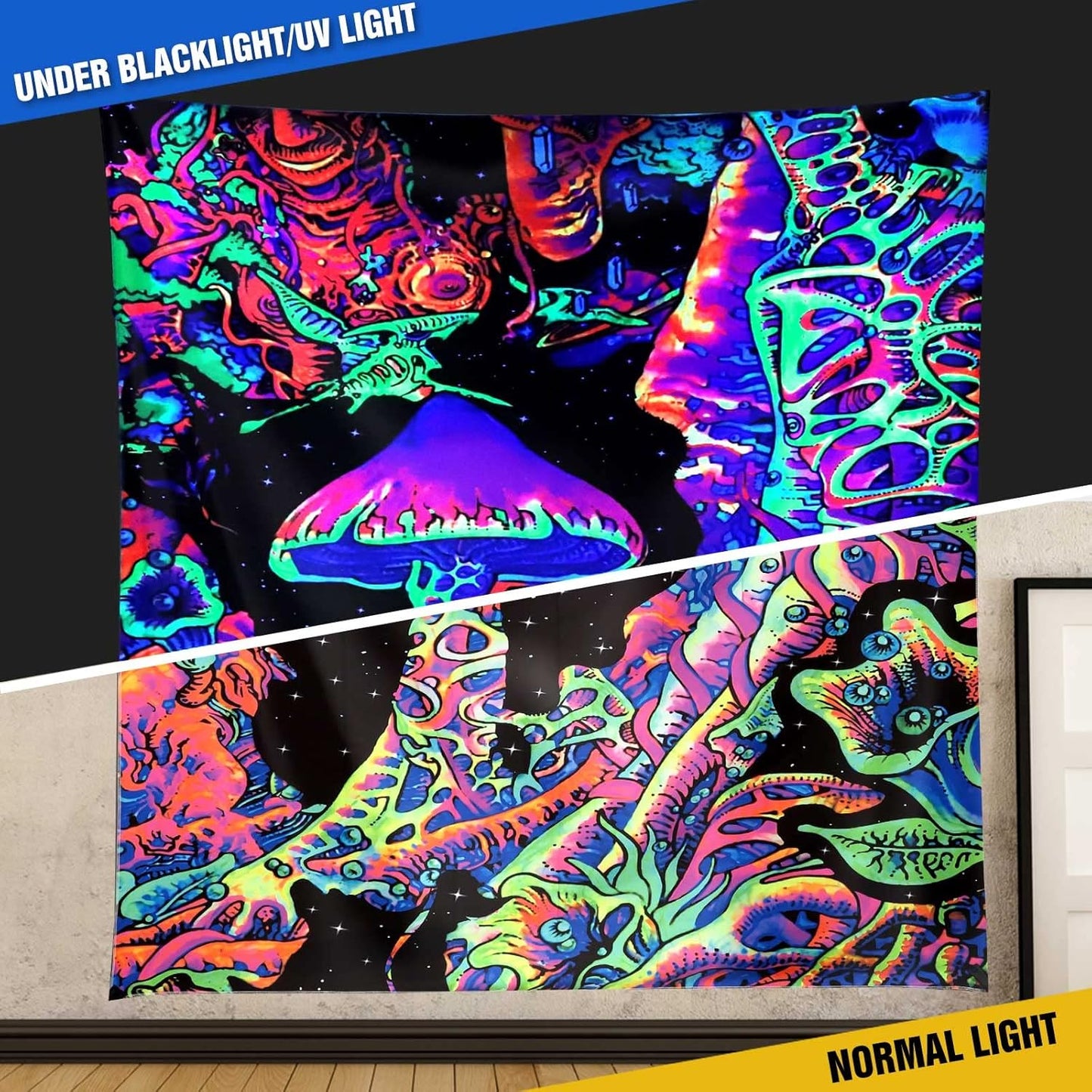 ADDWel Blacklight Mushroom Tapestry, Upright Tapestry Glow In The Dark, UV Reactive Black Light Tapestries Posters Wall Hanging for Backdrop Bedroom Dorm Living Room Decor(70"x90")