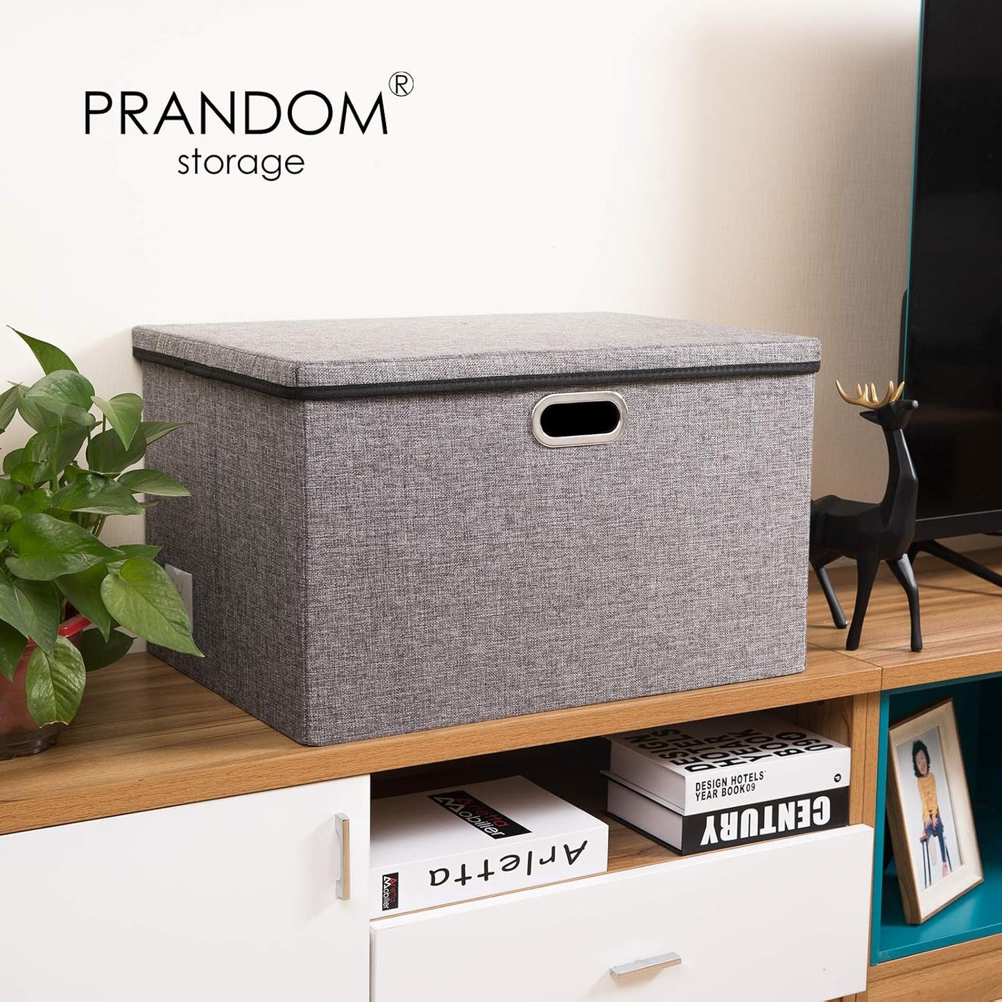 PRANDOM Extra Large Collapsible Storage Bins with Lids [3-Pack] Linen Fabric Foldable Storage Baskets Boxes Organizer Containers Cube with Cover for Bedroom Closet Office Nursery (22.8x15.75x13.8)