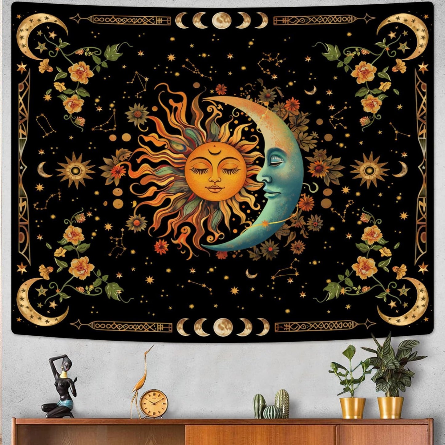 ARTCREATOR Sun and Moon Tapestry Astrology Space Wall Hanging Boho Hippie Floral Plant Tapestries Aesthetic Vintage Mandala Flower Decor for Living Room Bedroom (59" x 78")