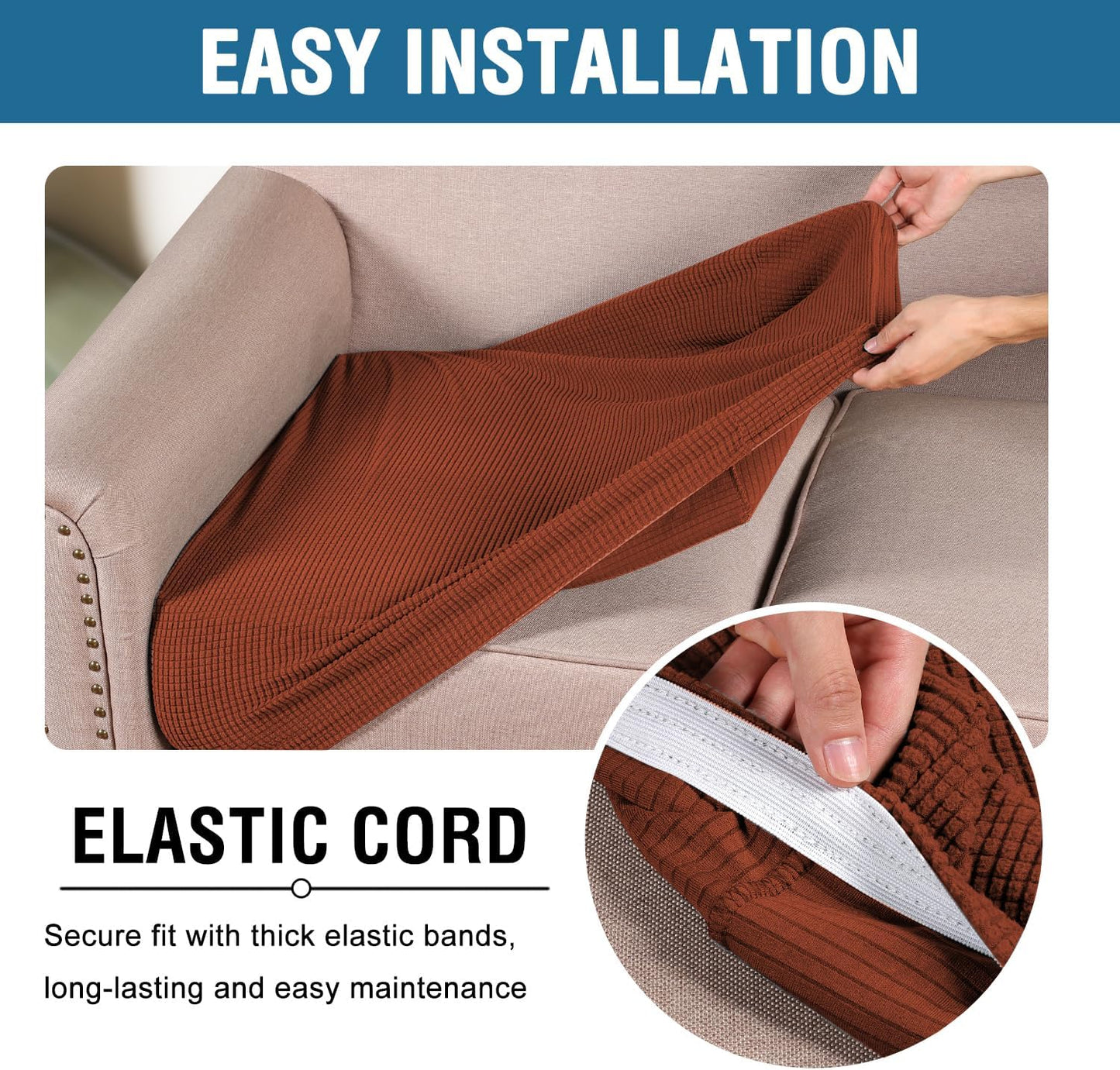 H.VERSAILTEX Super Stretch Individual Seat Cushion Covers - Sofa & Couch Cushion Slipcover Sets - Thick Jacquard Textured Twill Fabric (3 Piece XL Sofa Cushion Covers, Rust)