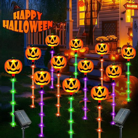 12 Pack Solar Pumpkin Lights for Halloween Decorations Outdoor, Waterproof Halloween Pathway Lights with 8 Modes, Orange Purple and Green Halloween Walkway Stake Lights for Yard Garden Party Decor