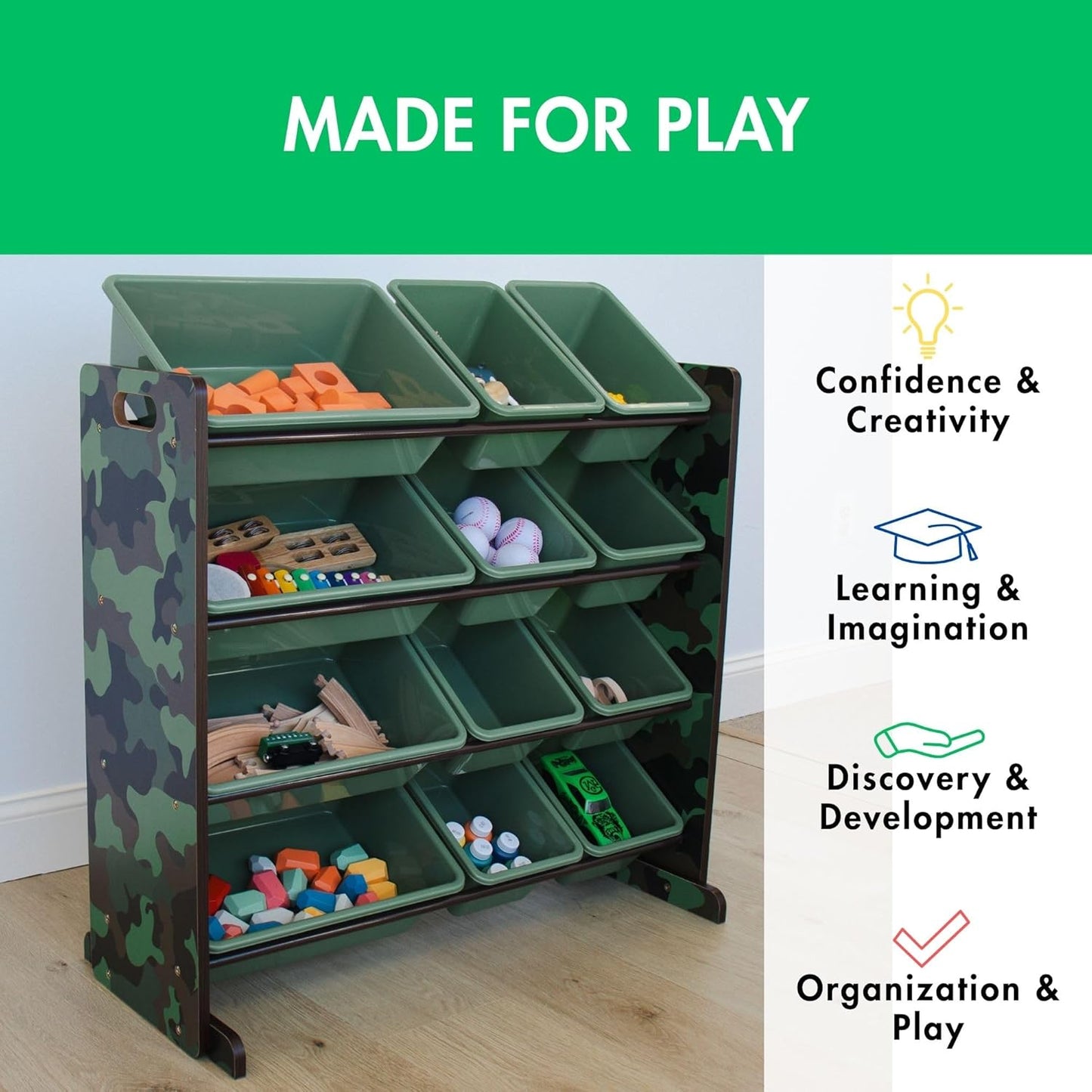 Humble Crew Kids Toy Storage Organizer with 12 Plastic Bins, Camo – Removable Bins for Playroom, Bedroom, Toddler Furniture for Boys and Girls Ages