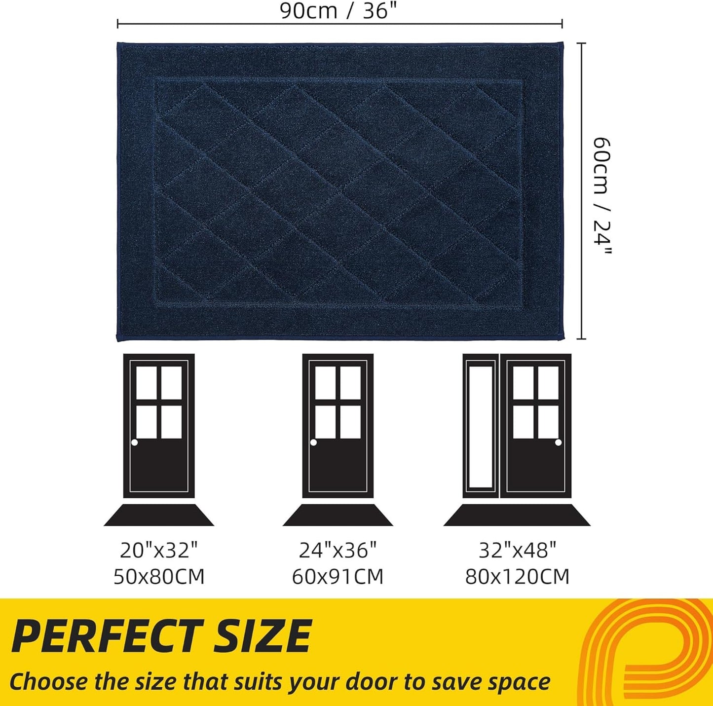 JSEI Dirt Trapper Door Mat 24"x36", Non-Slip Washable Entryway Mats, Dog Door Mat, Stain Resistant and Absorbent Floor Mats, Low Profile Welcome Mat for Front Back Door, Navy Blue