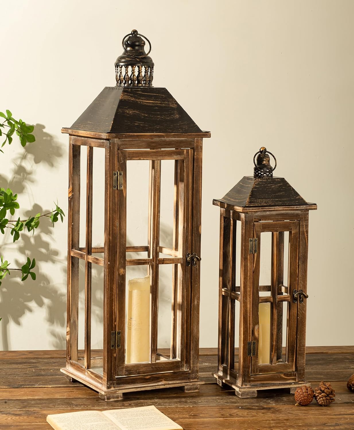 Large Farmhouse Wooden Decorative Lantern Set of 2, Rustic Distressed Brown Burnt Wood Floor Candle Lanterns, Indoor/Outdoor Hanging Lanterns for Home Decor (No Glass)