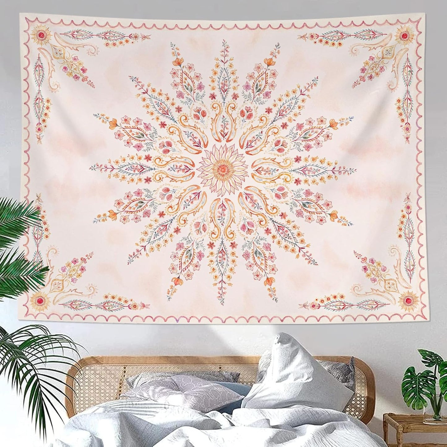 Fowocu Boho Floral Mandala Tapestry for Bedroom Aesthetic Pink Bohemian Flower Wall Tapestry Watercolor Hippie Indian Large Tapestries Wall Hanging for Living Room Dorm Decor 80 x 60 Inch