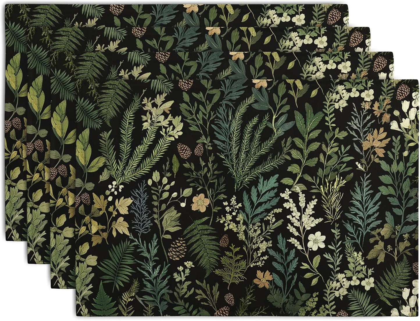 Black Sage Green Plant Placemats Set of 4 Vintage Botanic Fern Leaves Herb Floral Place Mats Rustic Farmhouse Linen Fabric Table Mats for Party Kitchen Dining Outdoor Indoor Decor