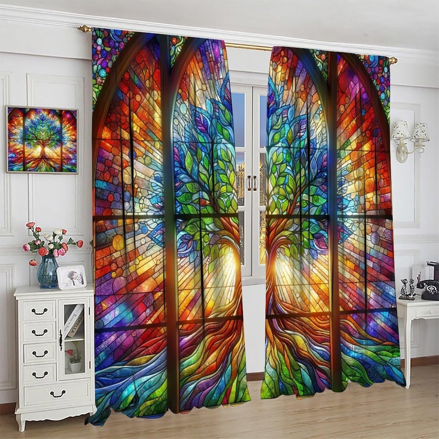 Stained Glass Curtains,Tree of Life Colorful Abstract Art Home Decor Drapes for Bedroom Living Room Kitchen Window Treatment 2 Panels Set Total Size 63" W X 72" L Inch
