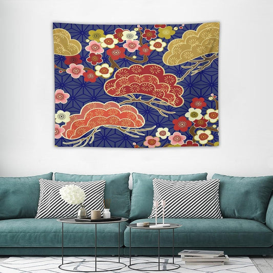 HZOHNAGO Japanese Tapestry Art Abstract Colorful Cherry Blossom Blue Background Pattern Printed Wall Tapestry Painting Wall Hanging for Bedroom Living Room Dorm 40" W x 30" H