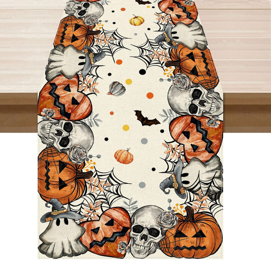 XCHI Spooky Skeleton Ghost Pumpkin Halloween Table Runner Party Table Decoration for Home Kitchen Dining Holiday Decor 13x108 Inch