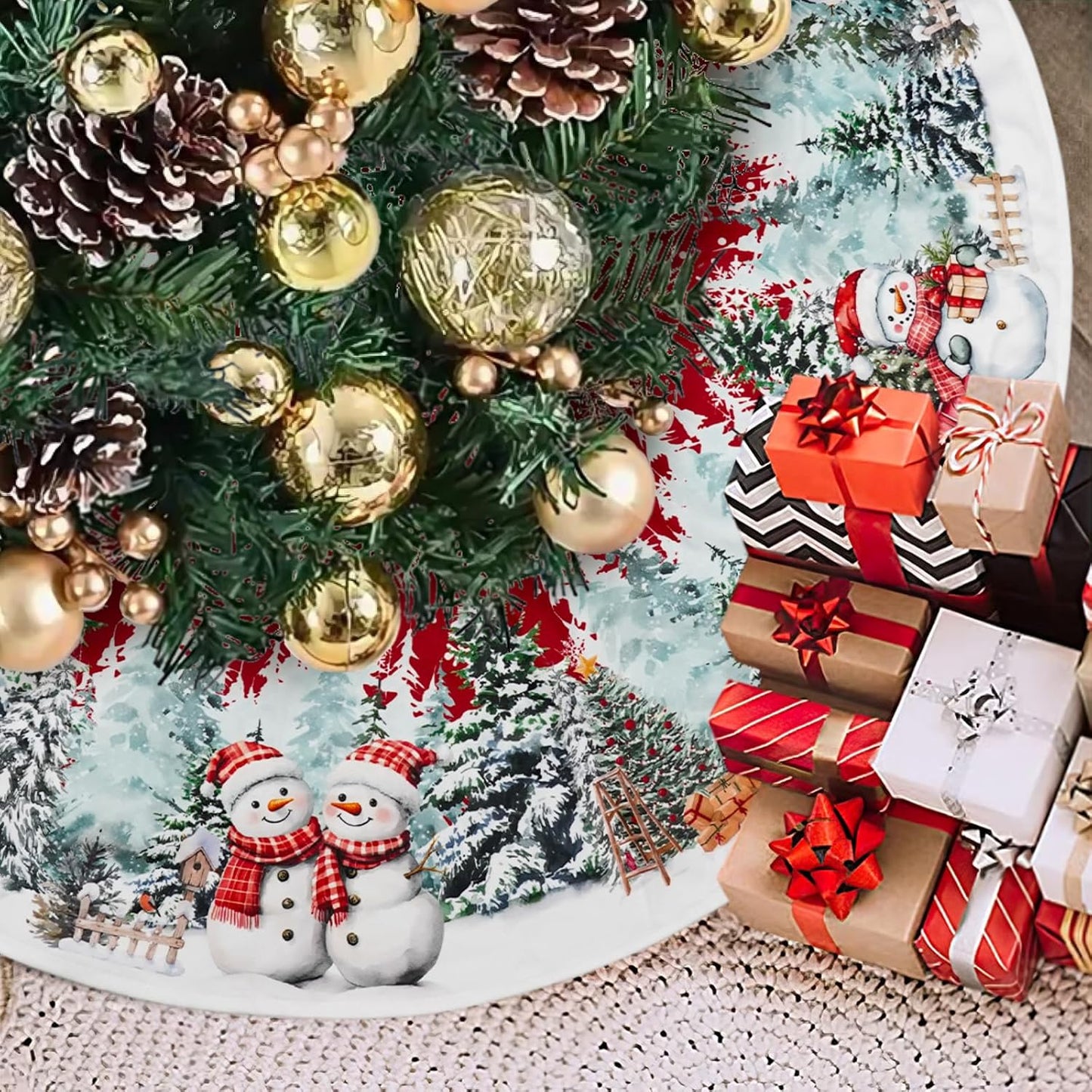 Christmas Tree Skirt 48 Inch, Red Snowman Trucker Xmas Tree Skirts, Winter Christmas Trees Mat for Home Party Holiday Indoor Outdoor Decorations