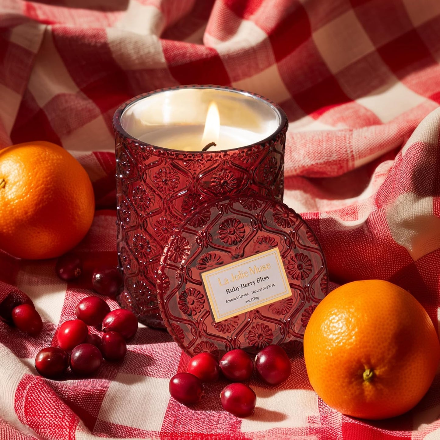 LA JOLIE MUSE Ruby Berry Bliss Scented Candle – Mandarin, Cranberry & Plum | 6 oz Festive Fall Candle | 40 Hours Clean Burn|Vibrant Scent| Gift for Hosts|Fall Tablescapes