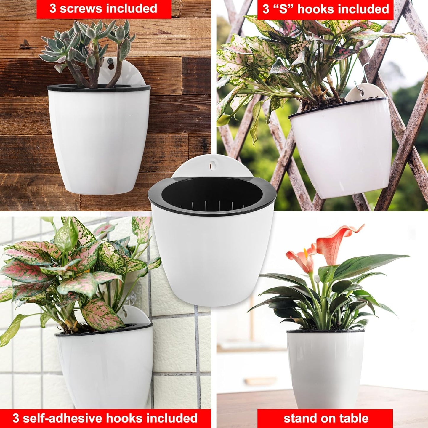 3 Pack Self Watering Wall Hanging Planter Pots Vertical Garden Window Hang Mount Indoor Outdoor Plant Flower Basket for Kitchen Herbs Balcony Railing Shelf Fence Bedroom Trellis Decor Modern White Box