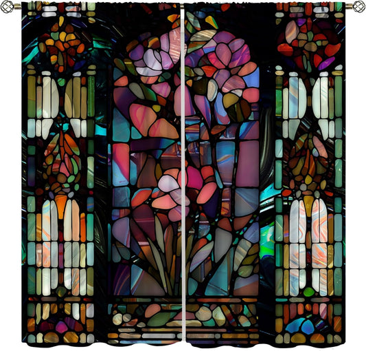 Stained Glass Curtains,Vintage Colorful Abstract Art Home Decor Drapes for Bedroom Living Room Kitchen Window Treatment 2 Panels Set Total Size 42" W X 54" L Inch