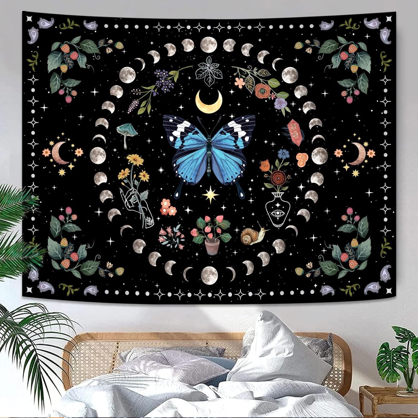 Aipon Blue Butterfly Moon Flower Tapestry Botanical Boho Plant Floral Wall Hanging for Bedroom and Living Room (36.00'' 48.00'', Blue)