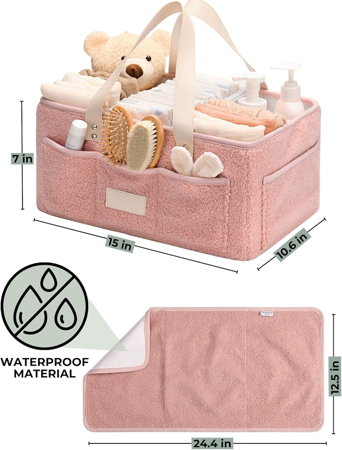 Baby Diaper Caddy Organizer with Portable Changing Mat - Teddy Fleece Diaper Organizer for Changing Table - Basket for Changing Essentials - Baby Essentials Organizer with Removable Dividers