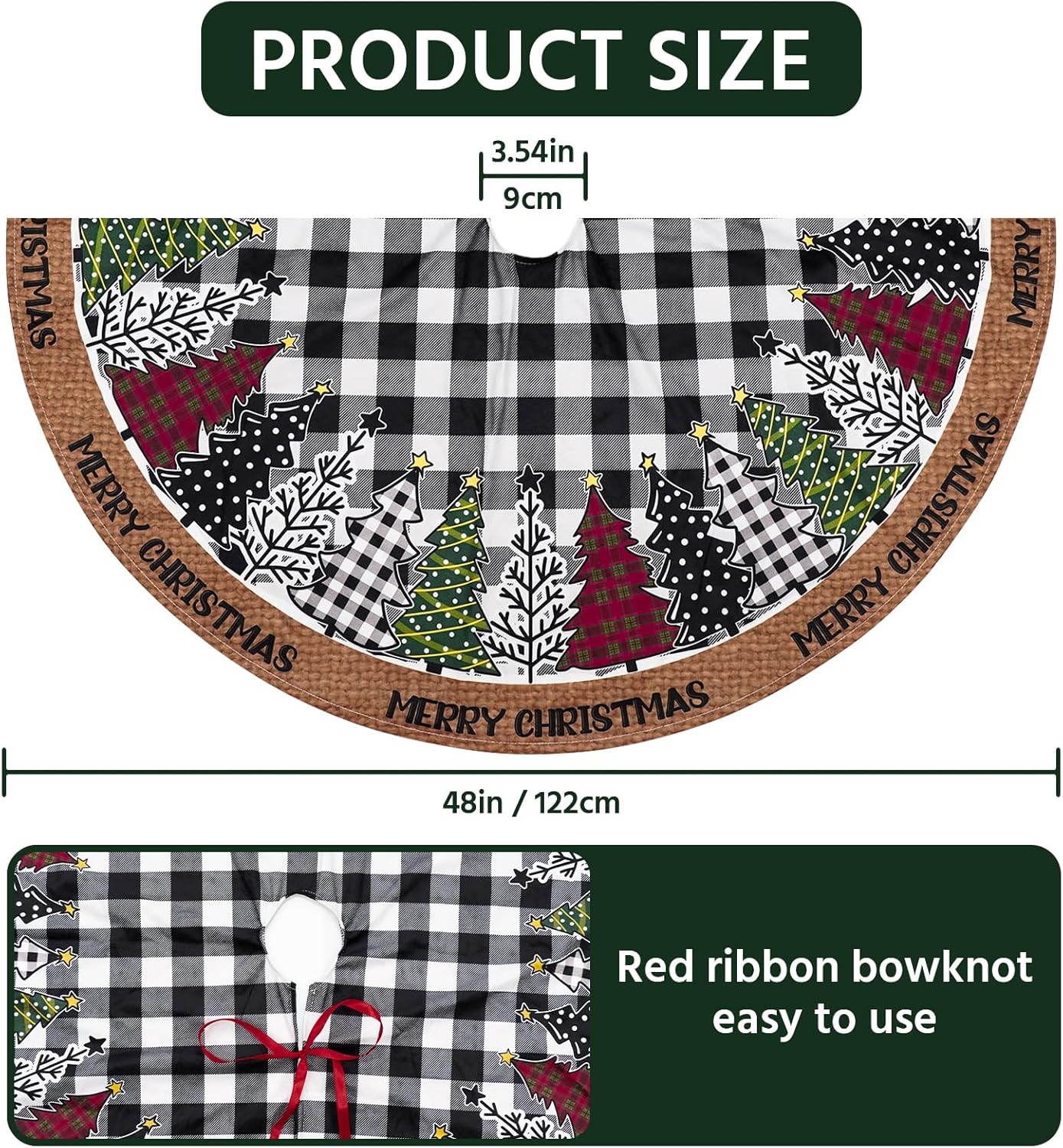 Christmas Tree Skirt 48 Inch, Black and White Buffalo Plaid Xmas Tree Skirts, Winter Christmas Trees Mat for Home Party Holiday Indoor Outdoor Decorations