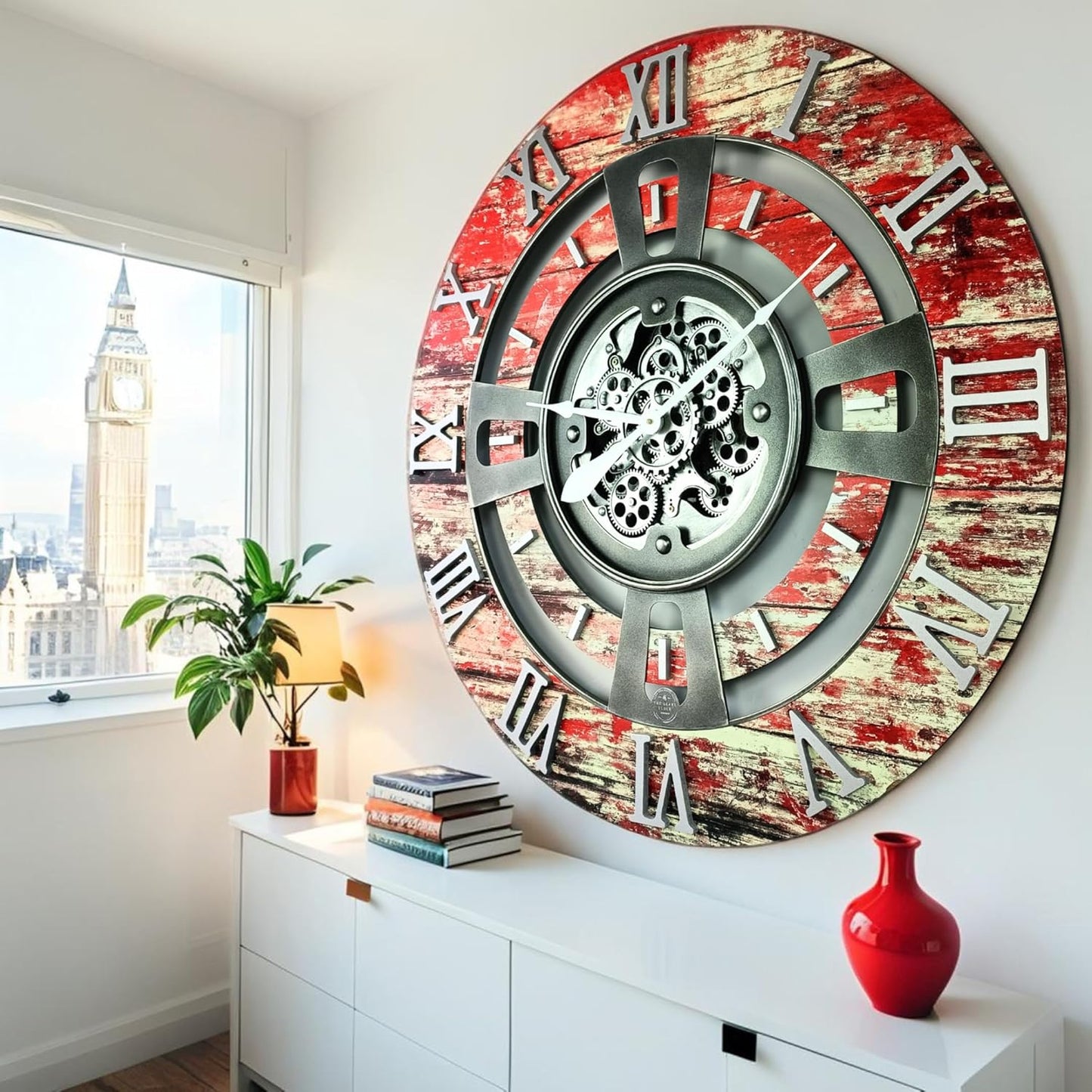 The Gears Clock Real Moving Gear Wall Clock England Line (Red Lava, 36 inches (90 cm))