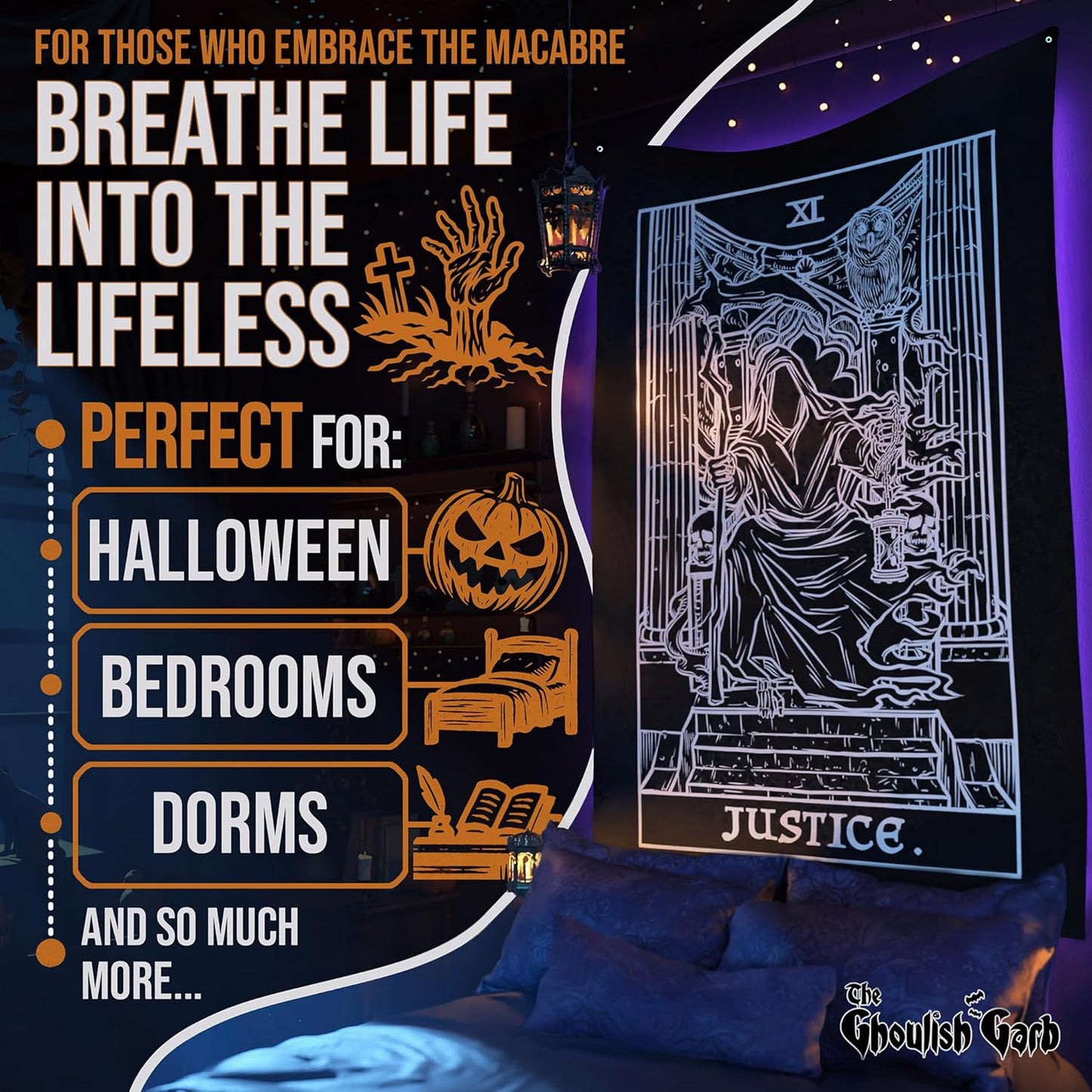 The Ghoulish Garb Justice Tarot Card Tapestry (Black & White) - Grim Reaper - Gothic Halloween Home Decor Wall Hanging (60" x 50")