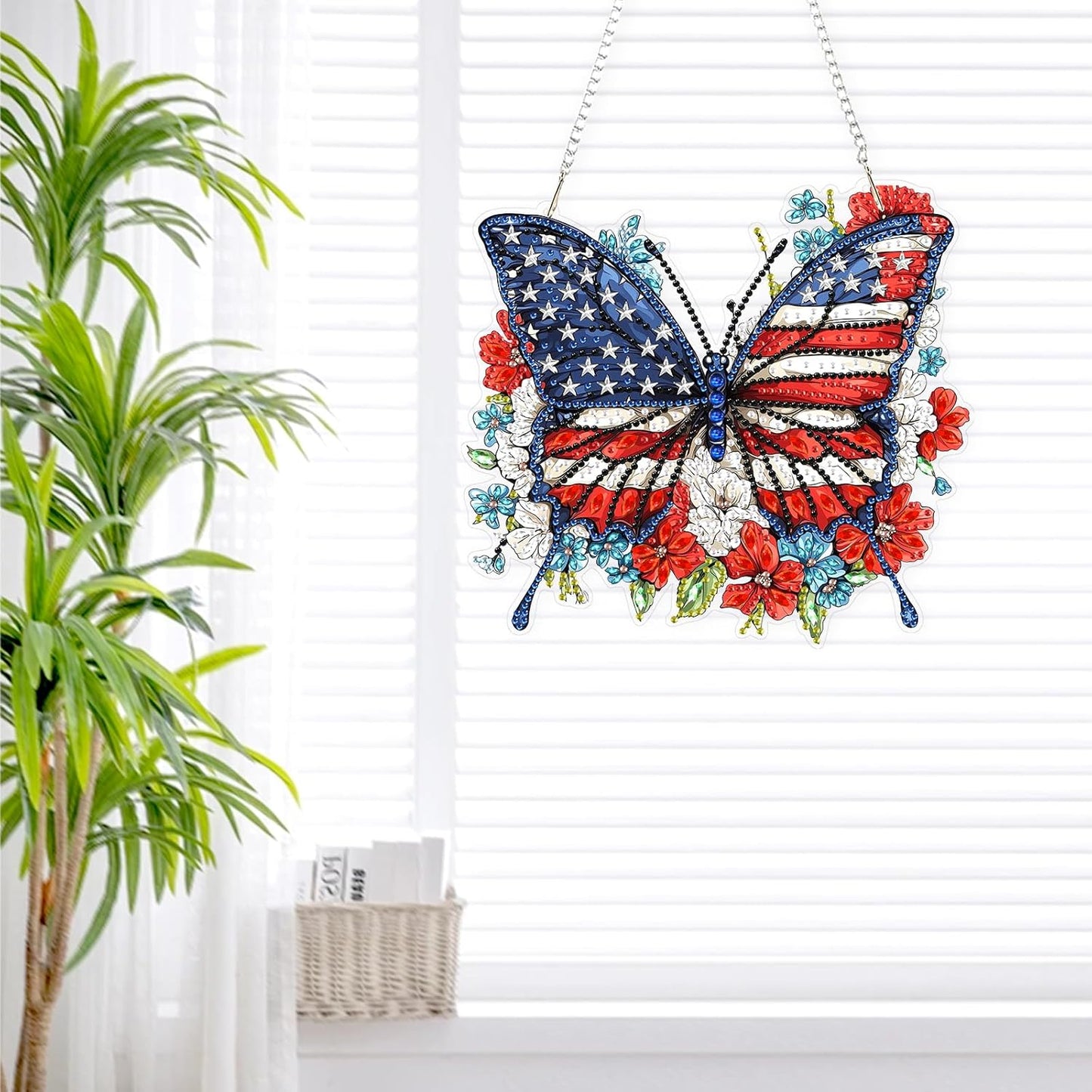 Lxmsja DIY Butterfly Diamond Painting Hanging Ornament, Double-Sided Acrylic American Flag Diamond Art Kit, Special Shaped Drill Pendant Window Art Kit, Suncatcher Hanging Craft Decoration 7×8 inch