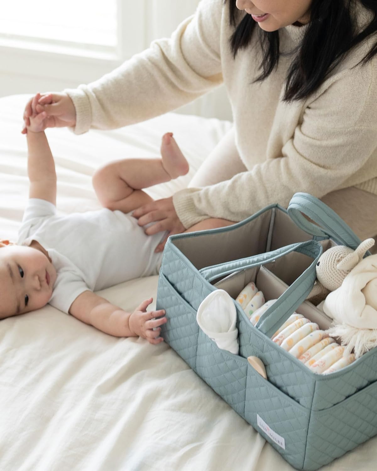 Lily Miles Baby Diaper Caddy Organizer, Quilted Nursery Storage Basket for Newborn Essentials and Diaper Changing Station, Gift for Baby Shower and Registry Must-Have (Willow Green)