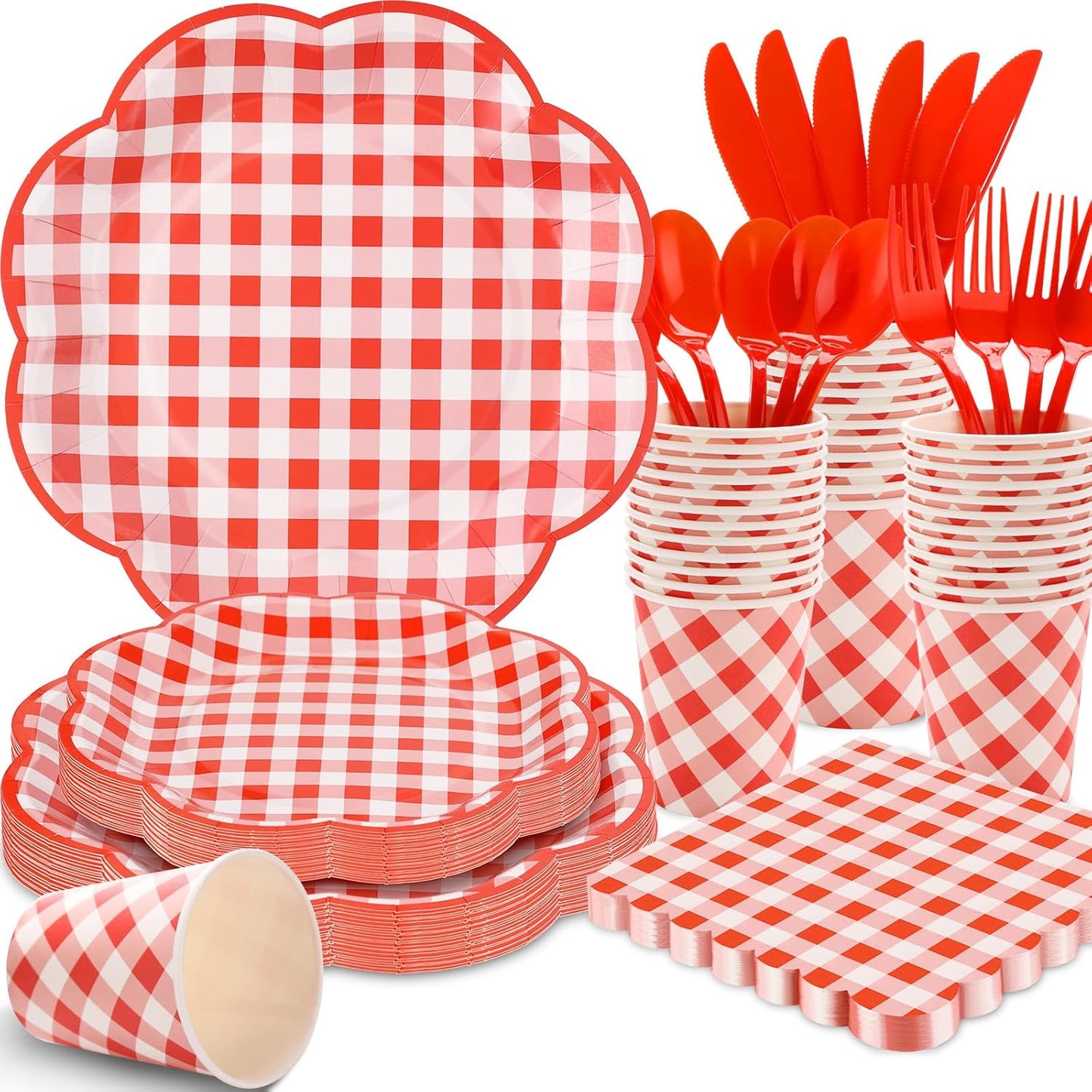 175 Pcs Red Gingham Plates and Napkins Party Supplies - Red and White Checkered Plates Sets Serve 25 Guests - Scalloped Gingham Paper Plate for Birthday Picnic BBQ Christmas Party Decorations