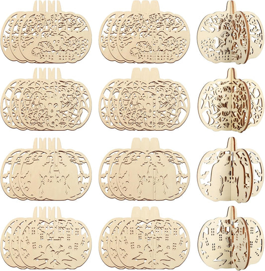 COCHIE DIY 3D Halloween Pumpkin Wood Crafts to Paint for Kids Adults, Paintable Unfinished Wooden Slices for Craft, Cutouts Ornaments for Painting Decorations (24 PCS)