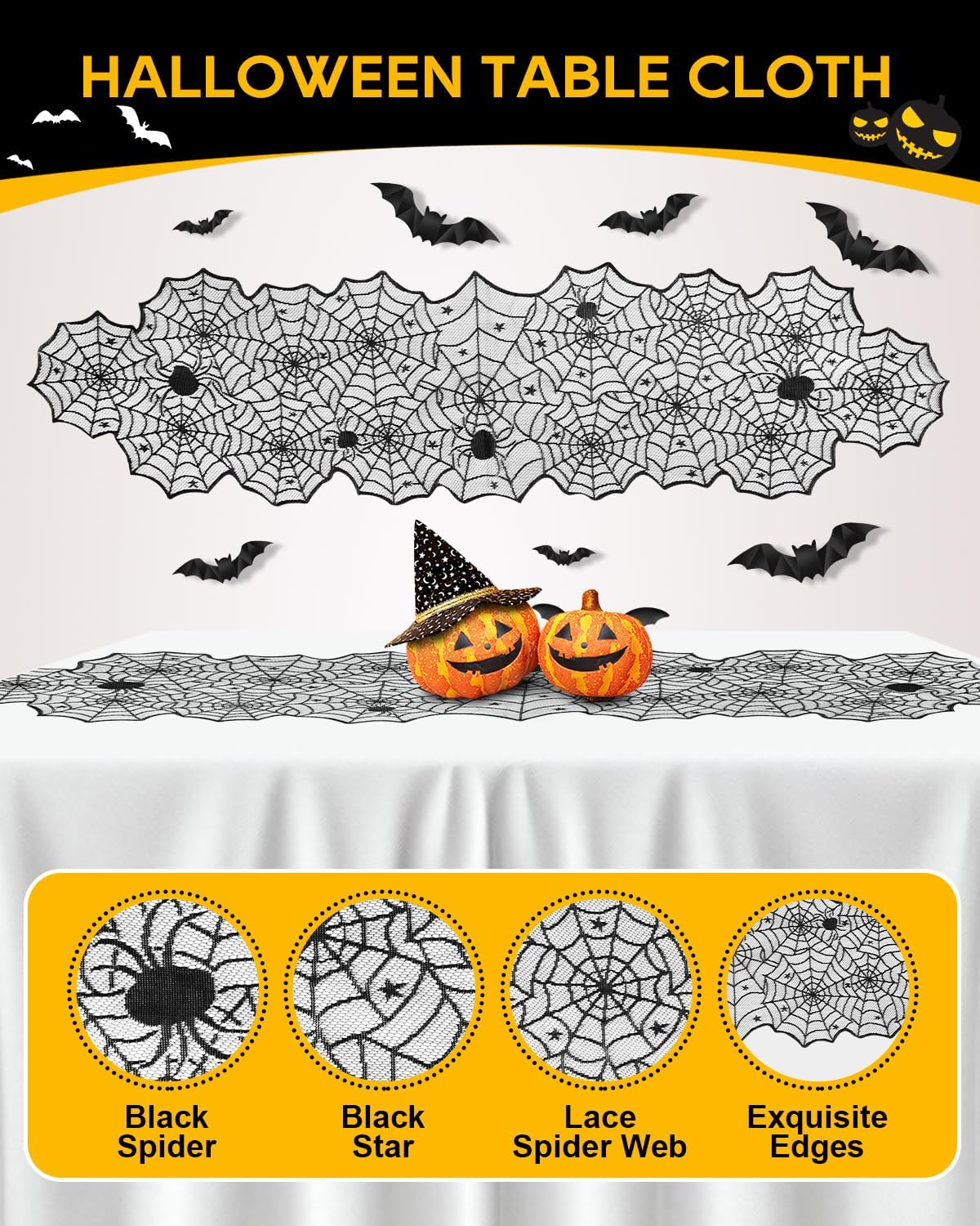 eZAKKA 5 Pack Halloween Decorations Indoor Halloween Spider Web Tablecloth Table Runners Fireplace Mantel Scarf Cobweb Lampshade Scary 3D Bats for Parties Gothic Spooky Home Decoration