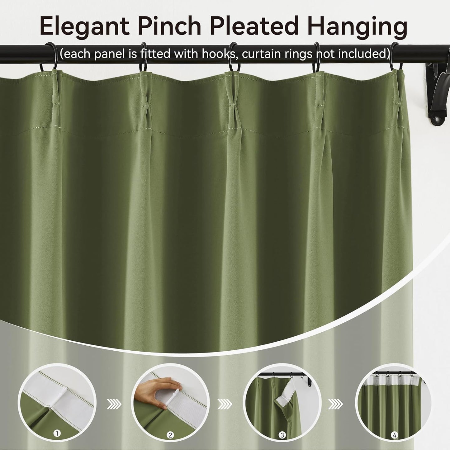 KangBang 60” Wide Sage Green Blackout Curtains 102 Inches Long, Pinch Pleated Thermal Insulated Sliding Door Curtains & Drapes for Living Room French Door, Elegant Modern Decor, 60x102 Inch,2 PCs