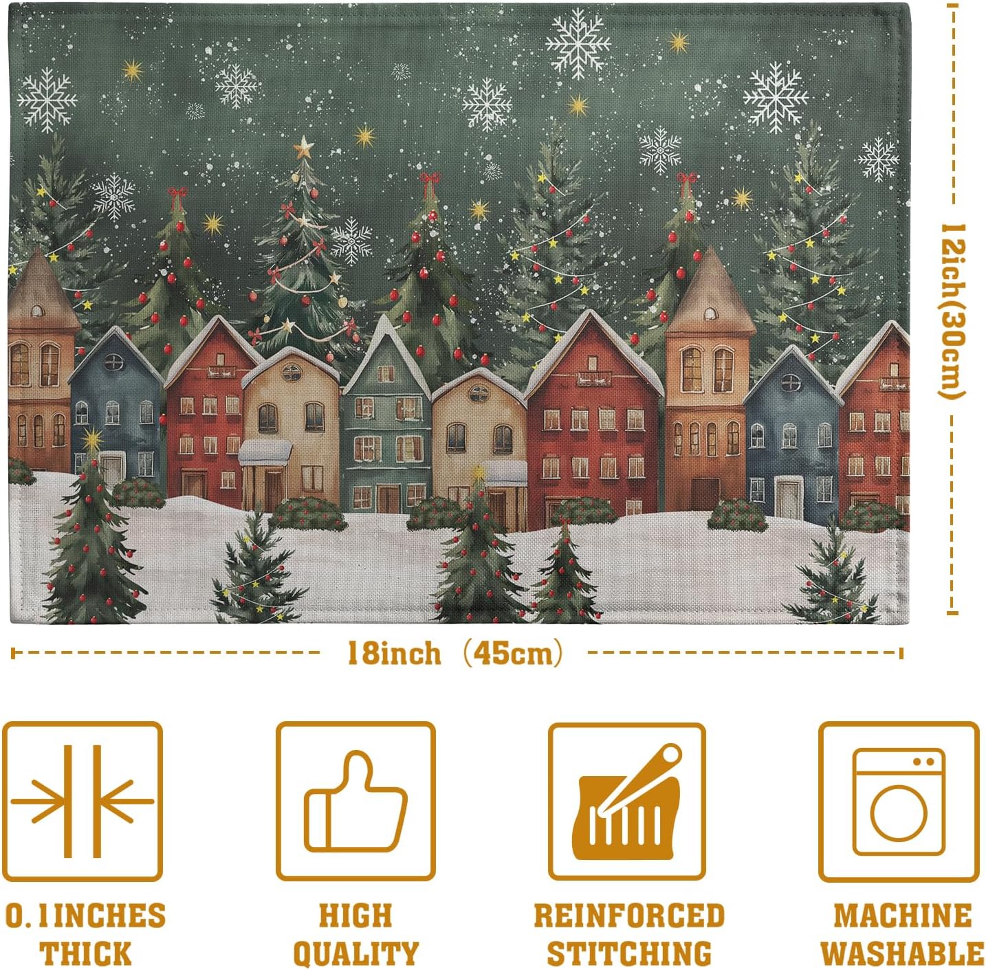 Christmas Placemats 12x18 Inch Set of 4, Winter Xmas Tree Wonderland Forest Village Town House Snowflake Linen Table Mats Washable Place Mats for Party Kitchen Dining Outdoor Indoor Decor