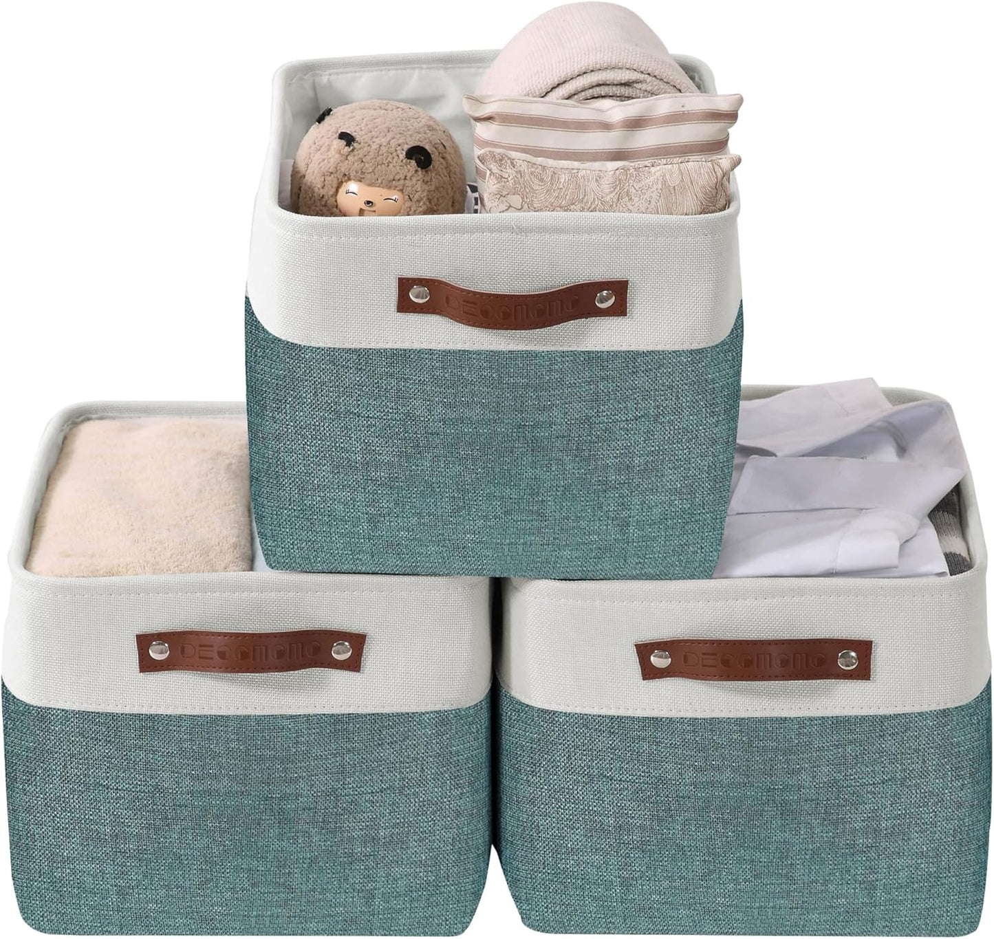 DECOMOMO Storage Bins Fabric Storage Baskets for Shelves, Linen Closet Organization Toys Nursery (Green and White, Large - 3 Pack)