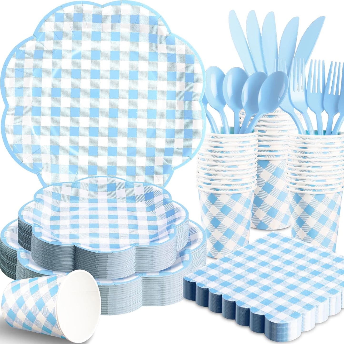 350 Pcs Blue Gingham Plates and Napkins Party Supplies - Blue and White Checkered Plates Sets Serve 50 Guests - Scalloped Gingham Paper Plate for Birthday Dinner Wedding Baby Shower Party Decorations