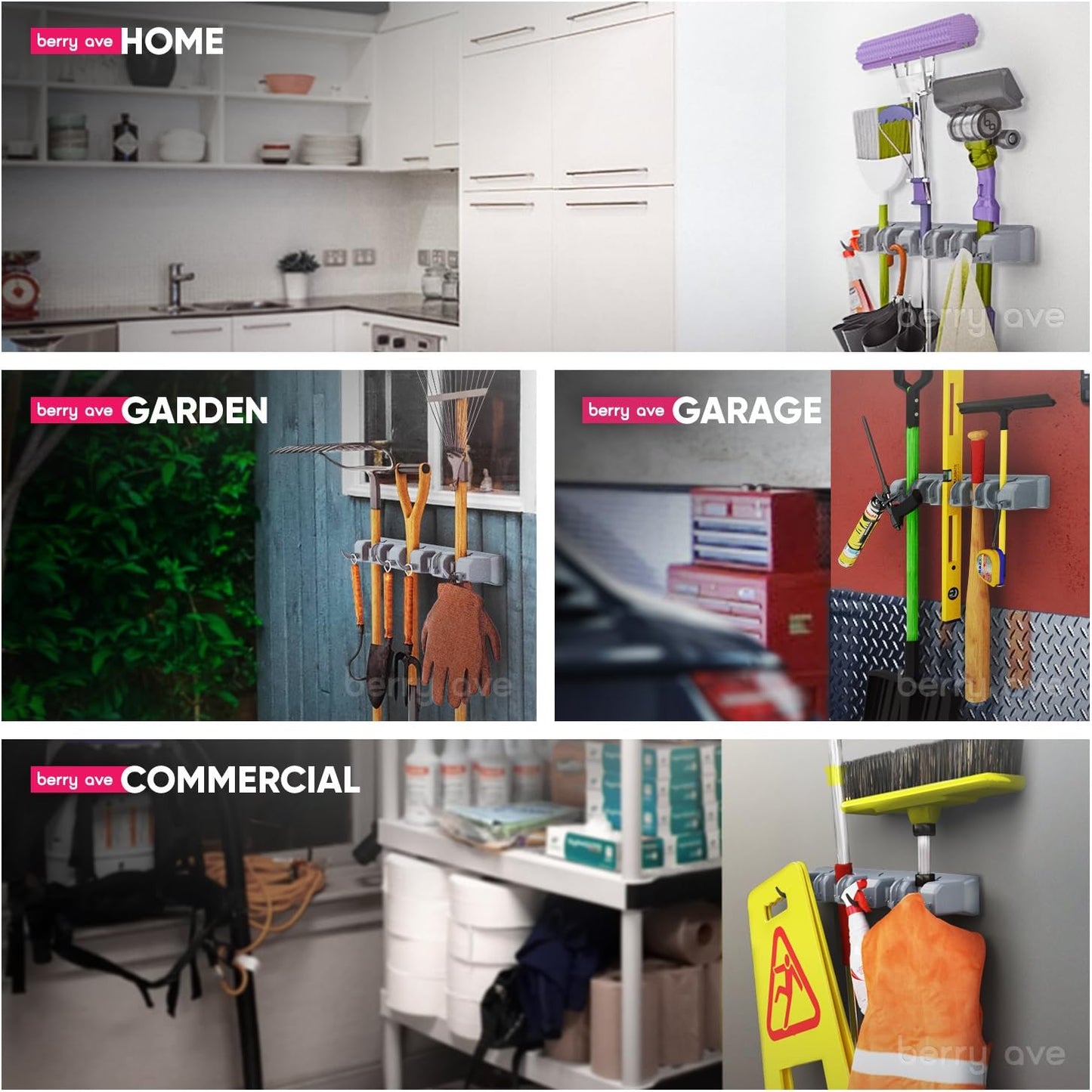 Berry Ave Broom Holder & Wall Mount Garden Tool Organizer- Kitchen, Closet, Garage & Laundry Room Storage With 5 Slots And 6 Hooks- Wall Holder For Broom, Rake & Mop Handles Up To 1.25” [Gray, 2 Pack]