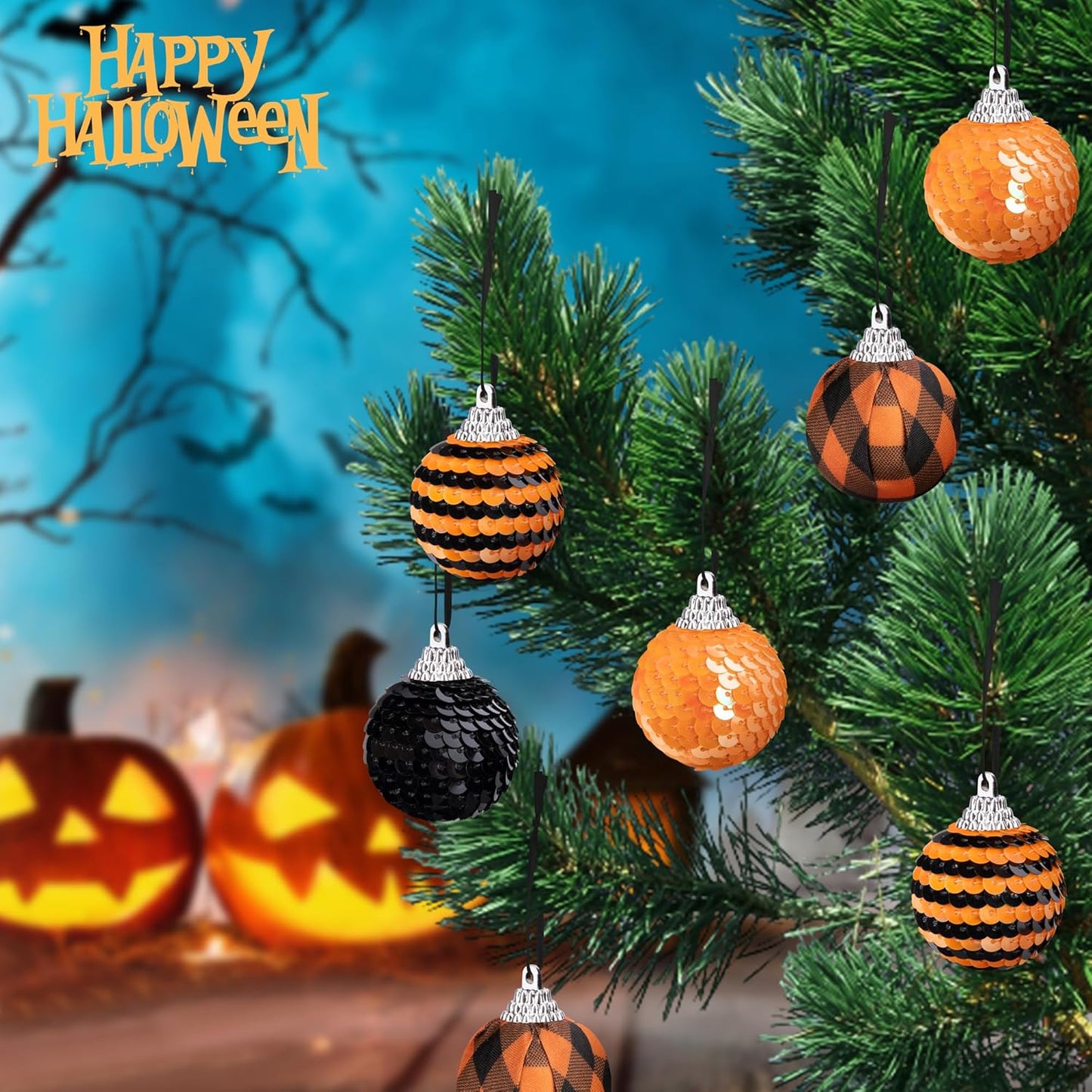 24 PCS Halloween Sequin Hanging Ball Ornaments-1.6 Inch Halloweens Black Orange Sequin Balls-Hanging Glitter Ball Ornaments for Halloween Tree Party Decor