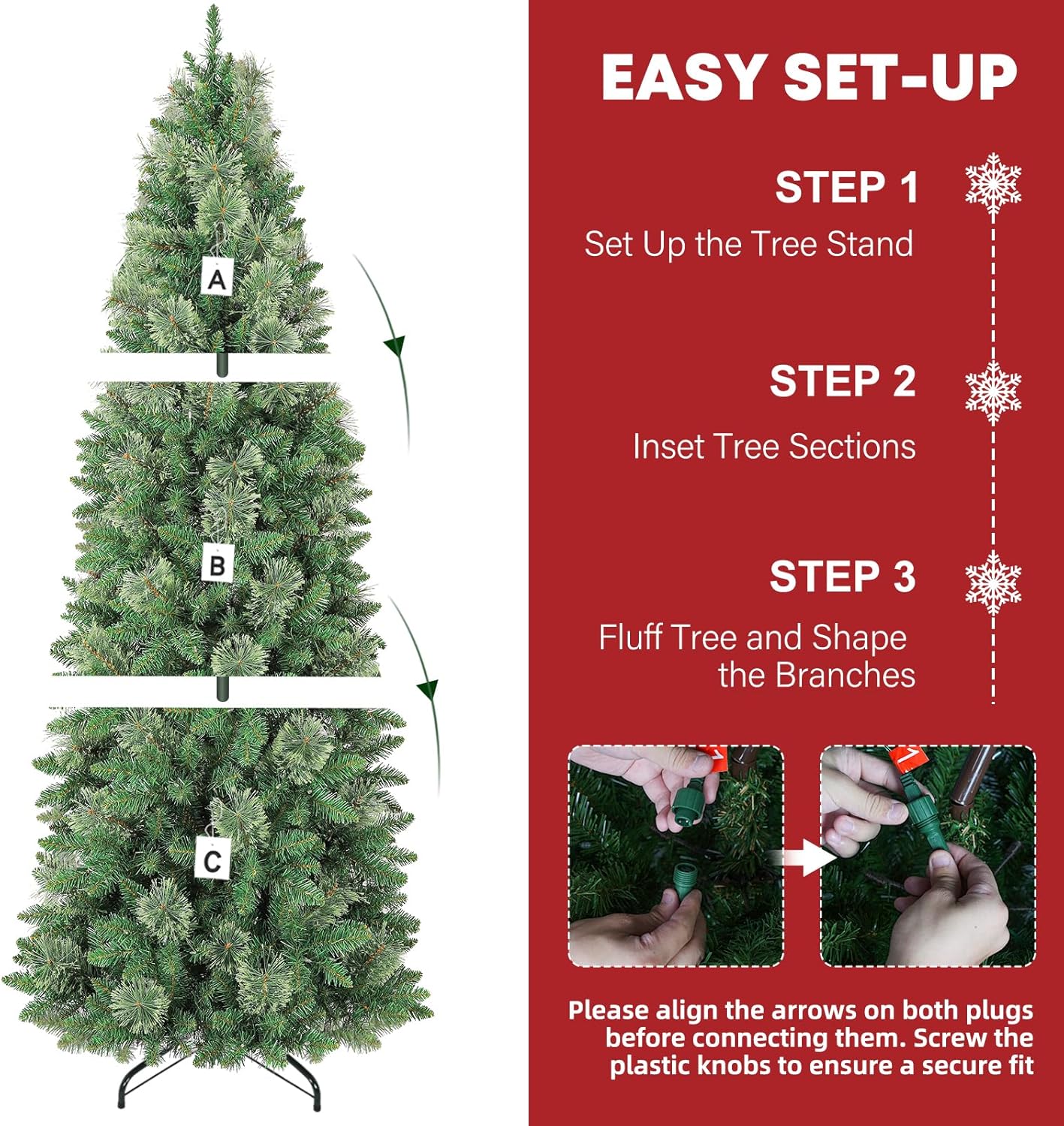 Hykolity 6 ft Prelit Pencil Slim Christmas Tree with 200 Warm White LED Lights, 544 PVC Branch Tips, Metal Stand and Hinged Branches