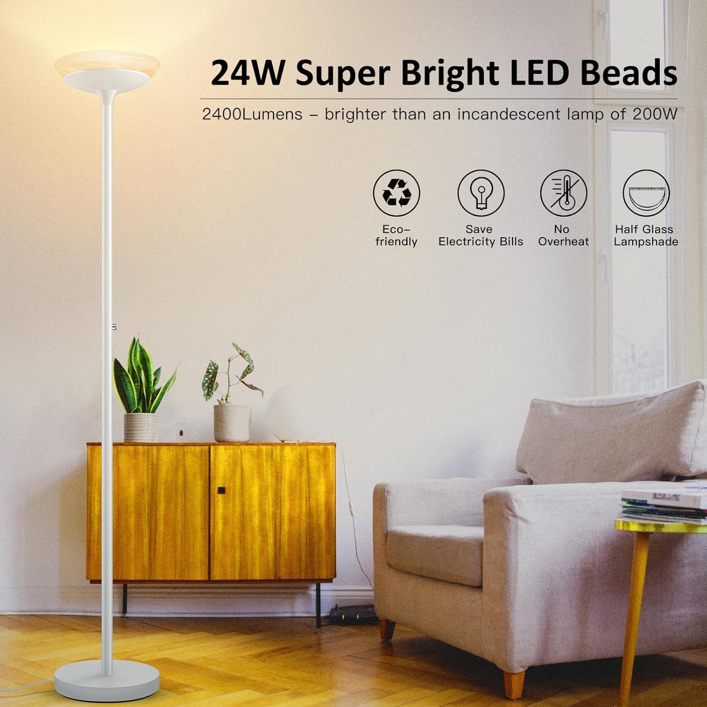 BoostArea Torchiere Floor Lamp, 24W Super Bright LED Standing Lamp, Stepless Dimmable Pole Lamp with 3000K Lighting, Glass Lampshade, 71Inch Tall Metal Modern Floor lamps for Living Room/Bedroom White