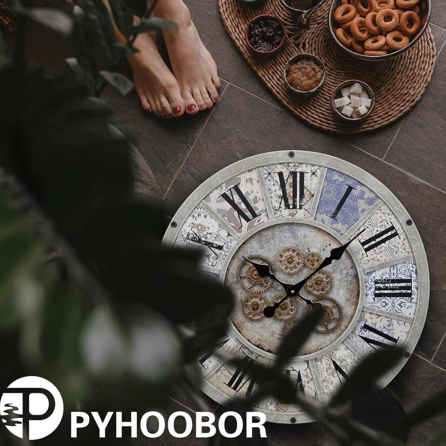 Unique Moving Gear Large Wall Clock 21inch-Battery Powered. Retro Industrial Steampunk Country Farmhouse Decor for The Living Room Kitchen Bars cafes Offices(whith/metal/21)