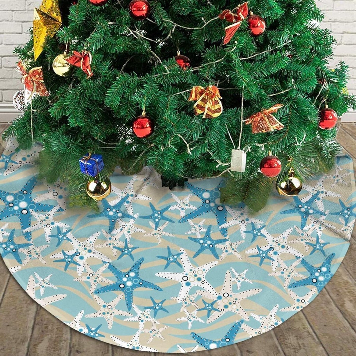 Christmas Tree Skirt,Beach Starfish Xmas Tree Skirt Rustic Farmhouse Tree Skirt for Christmas Decor Xmas Holiday Home Party Decorations30