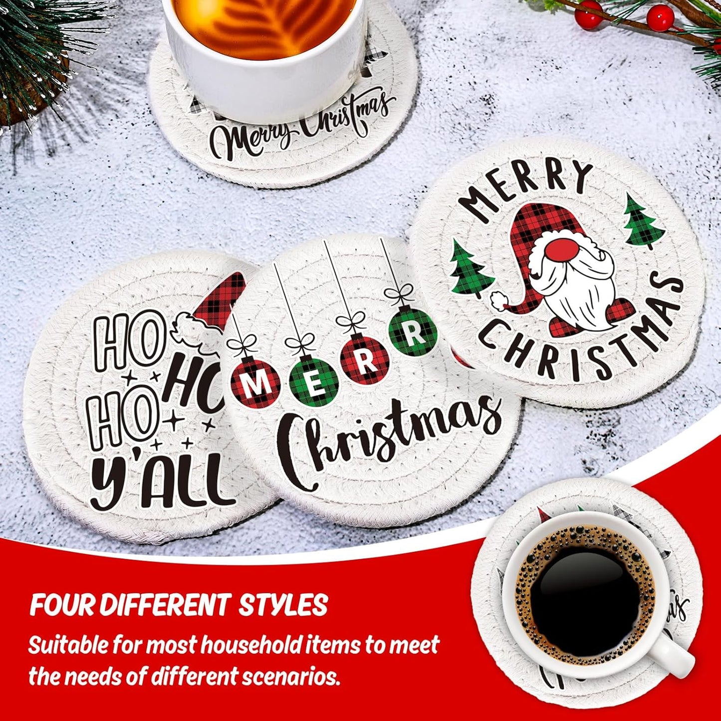 Whaline 4Pcs Merry Christmas Cup Coasters Handmade Braided Cotton Drink Coasters Xmas Buffalo Plaid Anti Slip Absorbent Tabletop Protection for Home Office Party Tableware, 4.3 × 4.3 inch