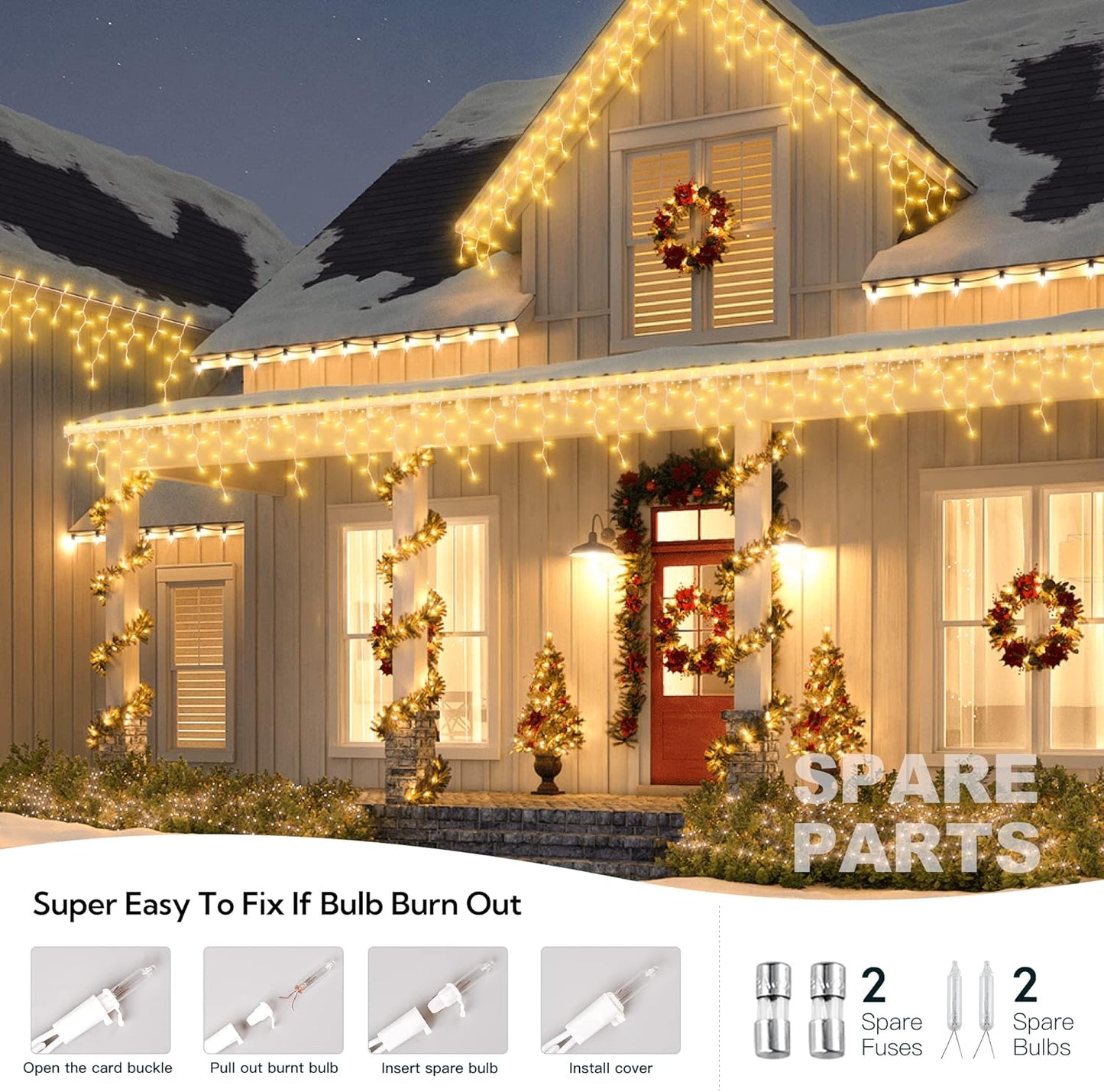 200 Christmas Icicle Lights, Warm White Clear Bulbs with 23FT Long White Wire, Professional Grade String Lights for Indoor & Outdoor,Xmas,Party, Patio, Courtyard, Window, Fence, Trees Decor