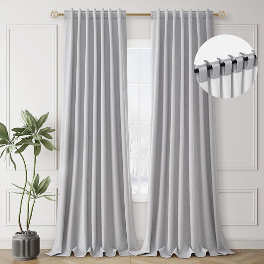 102 Inch Long Linen Curtains Full Blackout Light Grey Room Darkening Window Drapes 2 Panels Back Tab Black Out Noise Reducing Curtains for Modern Farmhouse Living Dining Room Bedroom Light Gray