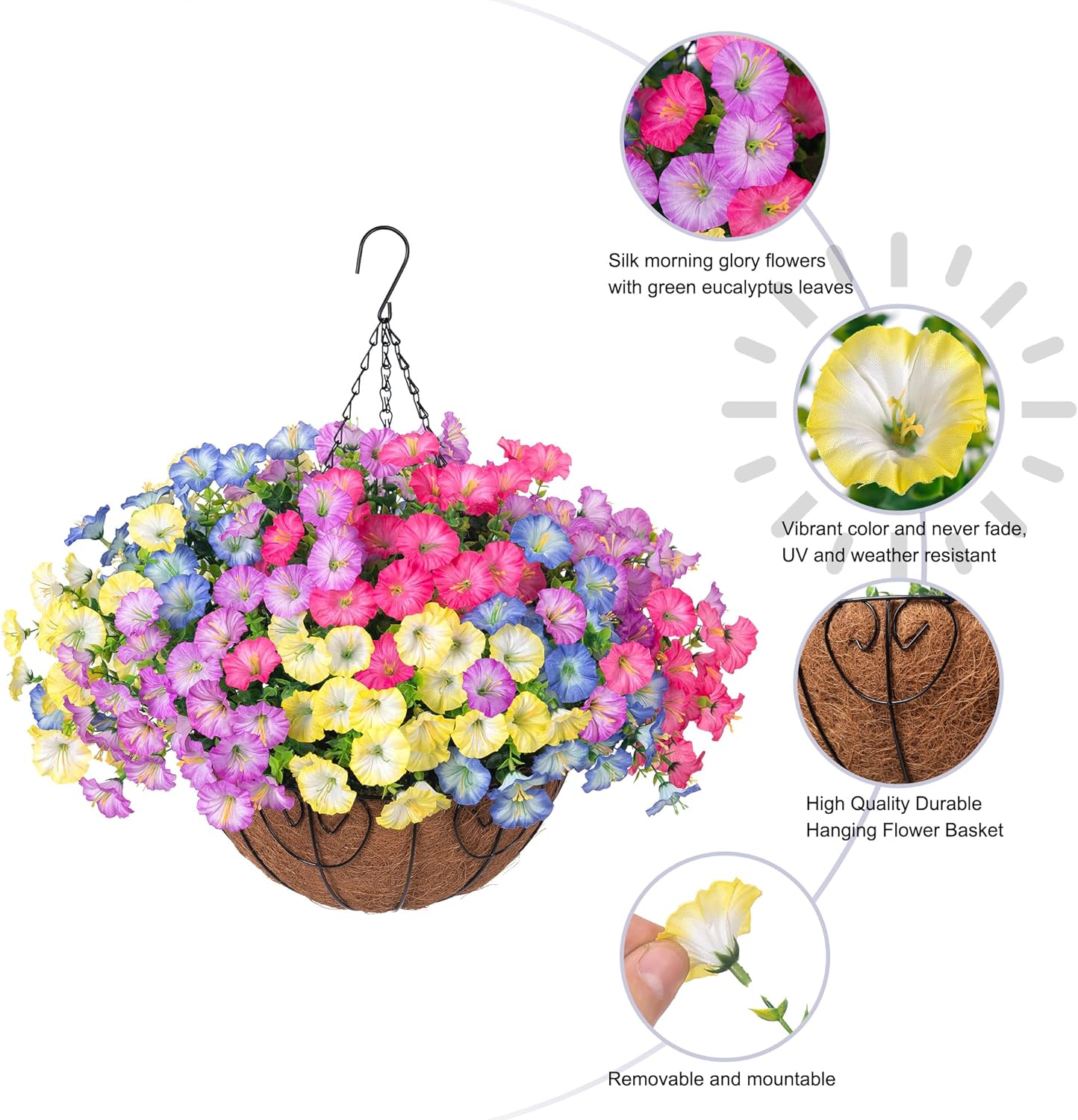 Artificial Faux Hanging Plants Flowers Basket for Outdoors Spring Summer Decoration, Silk Morning Glory Eucalyptus Look Real UV Resistant Fake Flowers for Porch Outside Patio Balcony Yard Home Garden
