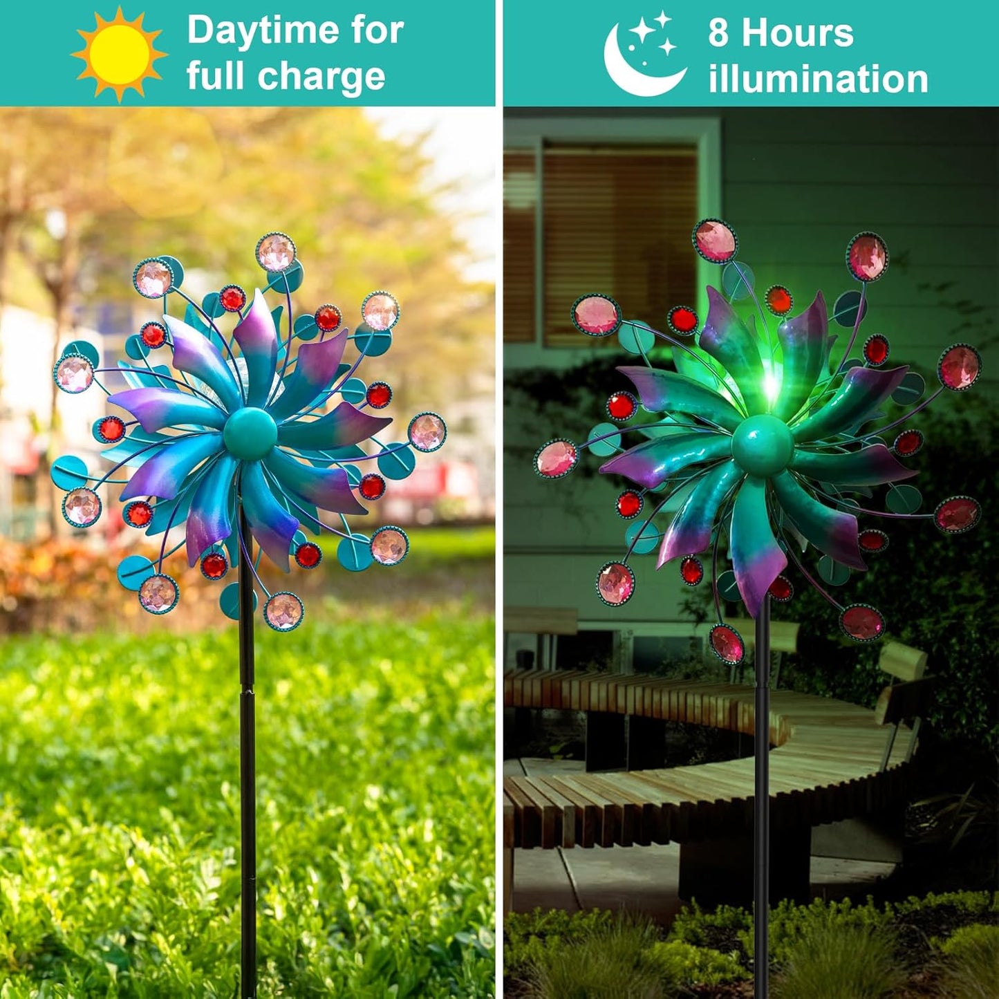 360°Solar Wind Spinner with Lights Blue Metal Garden Outdoor Decor Yard Lawn Art Decor for Patio Kinetic Windmills Unique Gifts for Friends and Family 60.63'' H x 13.38'' Dia