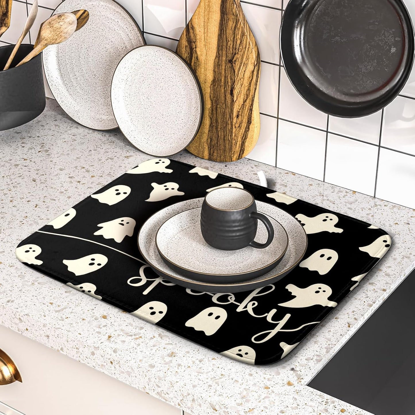 Halloween Dish Drying Mat for Kitchen Counter Spooky Ghost Holiday Super Absorbent Reversible Microfiber Kitchen Countertop Protector Dishes Pad Small 16x18 inch
