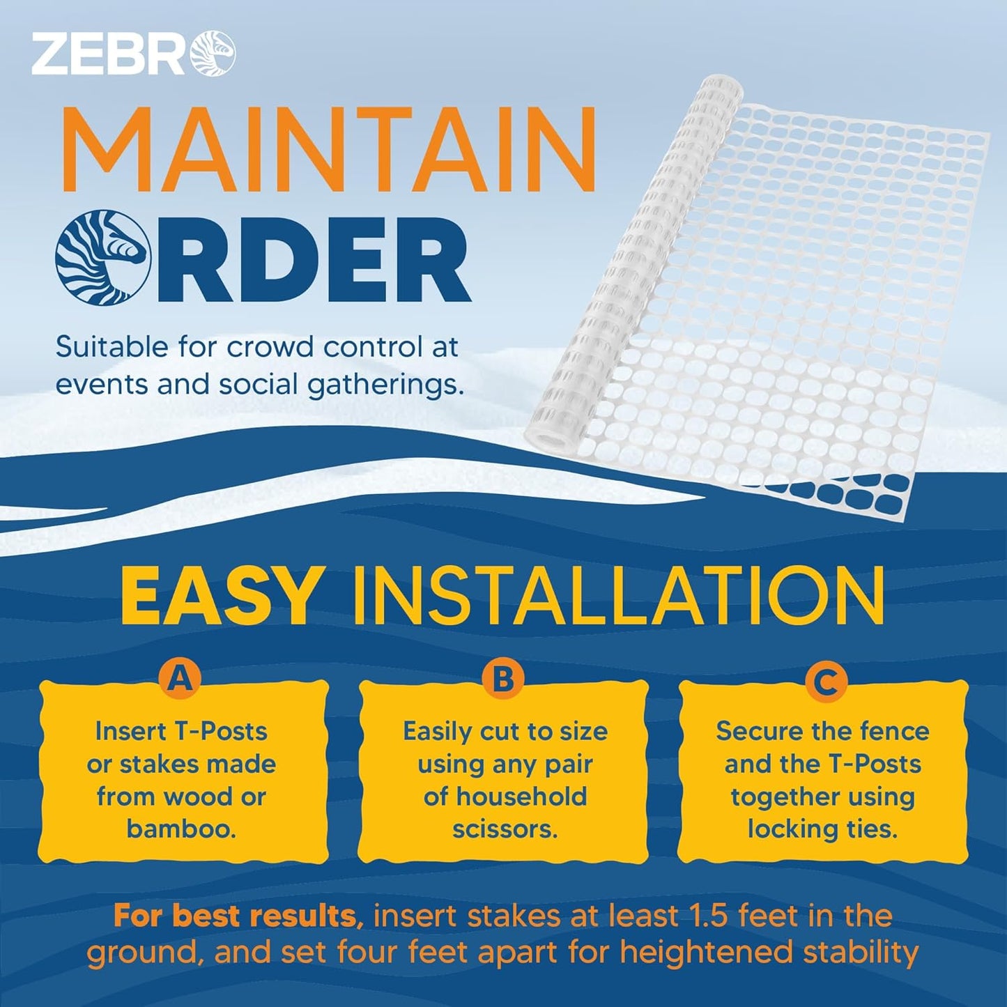 ZEBRO 4' x 100' White Plastic Garden Fence Roll – Light Duty Mesh Fencing for Temporary Fence, Snow, Garden Netting, Animal Barrier, Agricultural Fencing & Lawn Protection