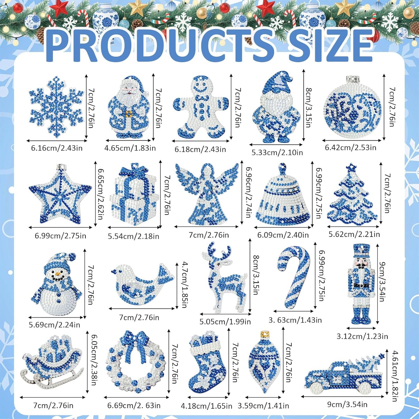 Tondiamo 20 Pcs Christmas Diamond Painting Keychain Kits 5D DIY Diamond Art Pendants Double Sided Hanging Key Chains for Christmas Party Decoration DIY(Blue and White Porcelain)